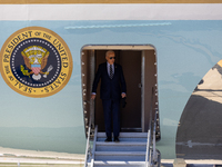 President Joe Biden arrives at General Mitchell International Airport in Milwaukee, Wisconsin, on October 8, 2024. (