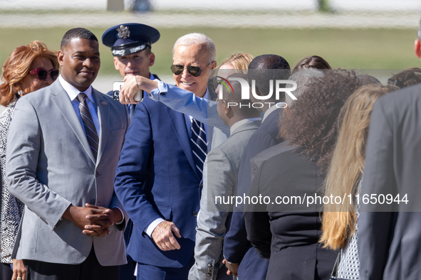 President Joe Biden arrives at General Mitchell International Airport in Milwaukee, Wisconsin, on October 8, 2024. 