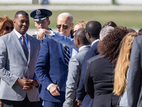 President Joe Biden arrives at General Mitchell International Airport in Milwaukee, Wisconsin, on October 8, 2024. (