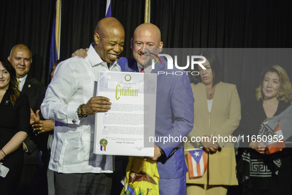 New York City Mayor Eric Adams presents the CITATION award, the highest recognition of Hispanic achievement, to George W. Contreras in New Y...