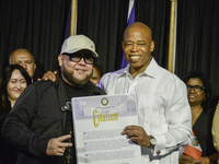 New York Mayor Eric Adams presents the CITATION award, the highest recognition of Hispanic achievement, to Raul E. Cela Saltos in New York,...