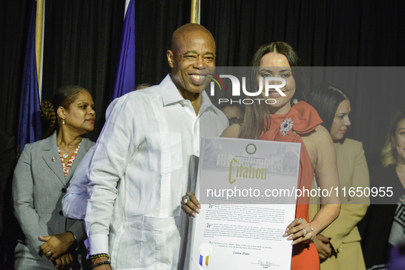 New York Mayor Eric Adams presents the CITATION award, the highest recognition of Hispanic achievement, to Luisa Diaz in New York, United St...