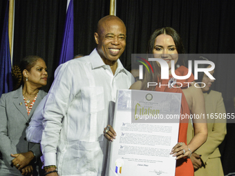 New York Mayor Eric Adams presents the CITATION award, the highest recognition of Hispanic achievement, to Luisa Diaz in New York, United St...