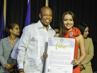 New York Mayor Eric Adams presents the CITATION award, the highest recognition of Hispanic achievement, to Luisa Diaz in New York, United St...