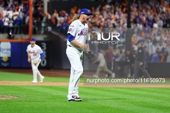 New York Mets relief pitcher Ryne Stanek #55 celebrates the final out of Game 3 of a baseball NL Division Series against the Philadelphia Ph...