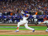 New York Mets' Starling Marte #6 singles during the sixth inning in Game 3 of a baseball NL Division Series against the Philadelphia Phillie...