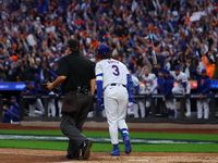 Jesse Winker #3 of the New York Mets hits a solo home run during the fourth inning in Game 3 of a baseball NL Division Series against the Ph...