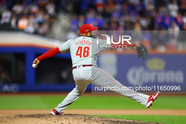 Philadelphia Phillies relief pitcher Jose Alvarado #46 throws during the seventh inning in Game 3 of a baseball NL Division Series against t...