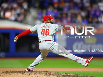 Philadelphia Phillies relief pitcher Jose Alvarado #46 throws during the seventh inning in Game 3 of a baseball NL Division Series against t...