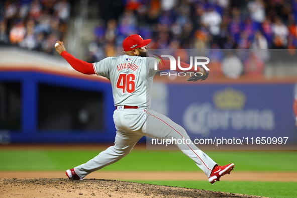 Philadelphia Phillies relief pitcher Jose Alvarado #46 throws during the seventh inning in Game 3 of a baseball NL Division Series against t...