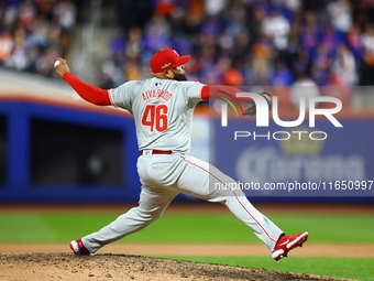 Philadelphia Phillies relief pitcher Jose Alvarado #46 throws during the seventh inning in Game 3 of a baseball NL Division Series against t...