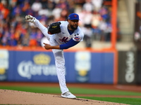 New York Mets starting pitcher Sean Manaea #59 throws during the first inning in Game 3 of a baseball NL Division Series against the Philade...