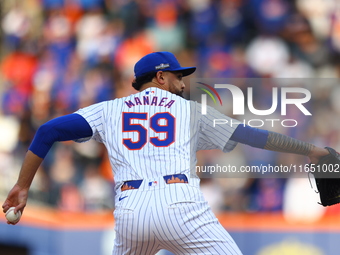 New York Mets starting pitcher Sean Manaea #59 throws during the first inning in Game 3 of a baseball NL Division Series against the Philade...