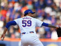 New York Mets starting pitcher Sean Manaea #59 throws during the first inning in Game 3 of a baseball NL Division Series against the Philade...