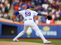 New York Mets starting pitcher Sean Manaea #59 throws during the first inning in Game 3 of a baseball NL Division Series against the Philade...