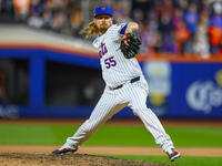 New York Mets relief pitcher Ryne Stanek #55 throws during the ninth inning in Game 3 of a baseball NL Division Series against the Philadelp...