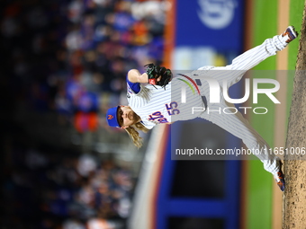 New York Mets relief pitcher Ryne Stanek #55 throws during the ninth inning in Game 3 of a baseball NL Division Series against the Philadelp...