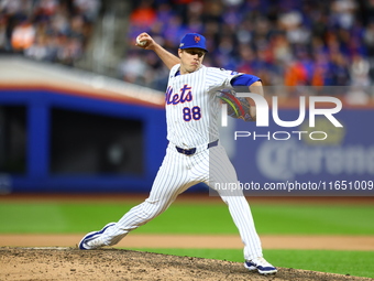 New York Mets relief pitcher Phil Maton #88 throws during the eighth inning in Game 3 of a baseball NL Division Series against the Philadelp...