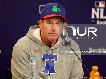 Philadelphia Phillies Manager Rob Thomson #59 speaks to the media prior to the start of Game 3 of a baseball NL Division Series against the...