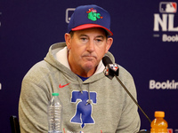 Philadelphia Phillies Manager Rob Thomson #59 speaks to the media prior to the start of Game 3 of a baseball NL Division Series against the...