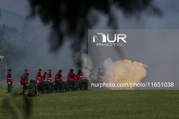 The Nepal Army fires cannons during the grand rehearsal of the Phulpati celebration at the army pavilion in Kathmandu, Nepal, on October 8,...