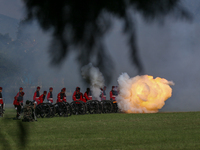 The Nepal Army fires cannons during the grand rehearsal of the Phulpati celebration at the army pavilion in Kathmandu, Nepal, on October 8,...