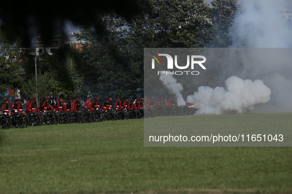 The Nepal Army fires cannons during the grand rehearsal of the Phulpati celebration at the army pavilion in Kathmandu, Nepal, on October 8,...