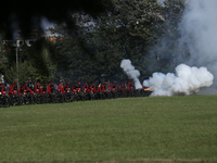 The Nepal Army fires cannons during the grand rehearsal of the Phulpati celebration at the army pavilion in Kathmandu, Nepal, on October 8,...