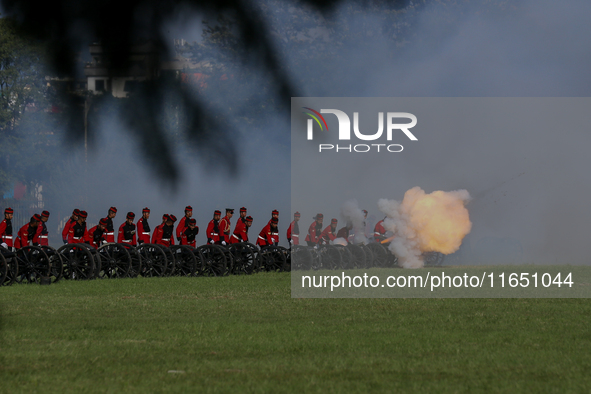 The Nepal Army fires cannons during the grand rehearsal of the Phulpati celebration at the army pavilion in Kathmandu, Nepal, on October 8,...