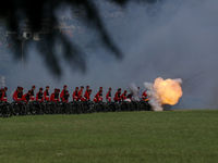 The Nepal Army fires cannons during the grand rehearsal of the Phulpati celebration at the army pavilion in Kathmandu, Nepal, on October 8,...