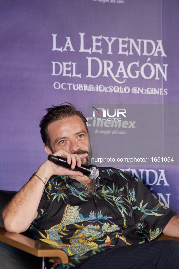 Miguel Burra speaks during a press conference to promote the animation film 'La Leyenda del Dragon' at Cinemex Artz Pedregal in Mexico City,...