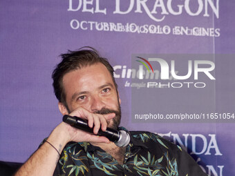 Miguel Burra speaks during a press conference to promote the animation film 'La Leyenda del Dragon' at Cinemex Artz Pedregal in Mexico City,...