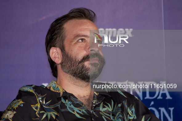 Miguel Burra speaks during a press conference to promote the animation film 'La Leyenda del Dragon' at Cinemex Artz Pedregal in Mexico City,...