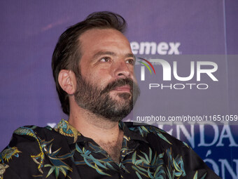 Miguel Burra speaks during a press conference to promote the animation film 'La Leyenda del Dragon' at Cinemex Artz Pedregal in Mexico City,...