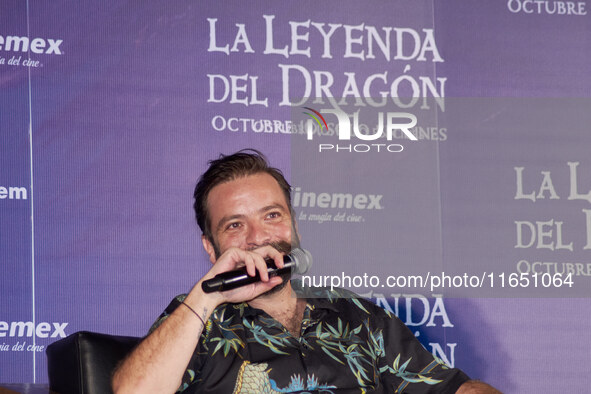 Miguel Burra speaks during a press conference to promote the animation film 'La Leyenda del Dragon' at Cinemex Artz Pedregal in Mexico City,...