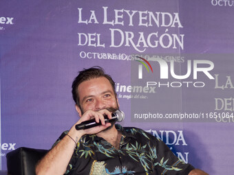 Miguel Burra speaks during a press conference to promote the animation film 'La Leyenda del Dragon' at Cinemex Artz Pedregal in Mexico City,...