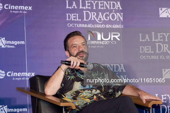 Miguel Burra speaks during a press conference to promote the animation film 'La Leyenda del Dragon' at Cinemex Artz Pedregal in Mexico City,...