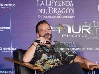 Miguel Burra speaks during a press conference to promote the animation film 'La Leyenda del Dragon' at Cinemex Artz Pedregal in Mexico City,...