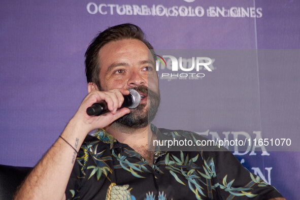 Miguel Burra speaks during a press conference to promote the animation film 'La Leyenda del Dragon' at Cinemex Artz Pedregal in Mexico City,...