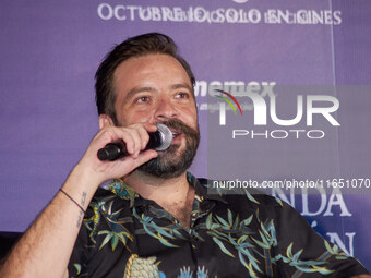 Miguel Burra speaks during a press conference to promote the animation film 'La Leyenda del Dragon' at Cinemex Artz Pedregal in Mexico City,...