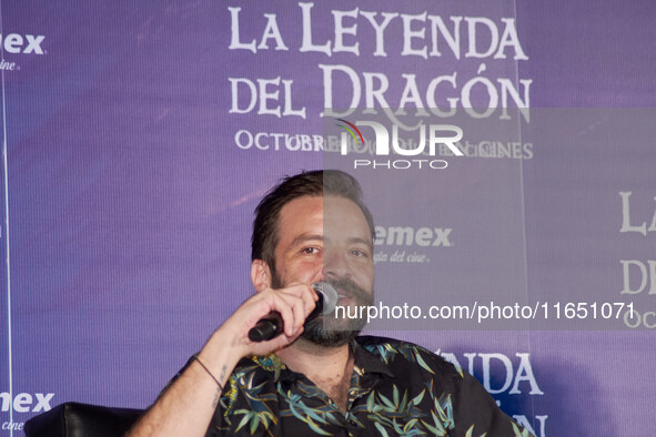 Miguel Burra speaks during a press conference to promote the animation film 'La Leyenda del Dragon' at Cinemex Artz Pedregal in Mexico City,...