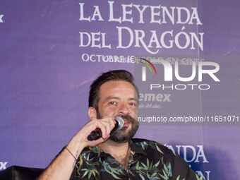 Miguel Burra speaks during a press conference to promote the animation film 'La Leyenda del Dragon' at Cinemex Artz Pedregal in Mexico City,...