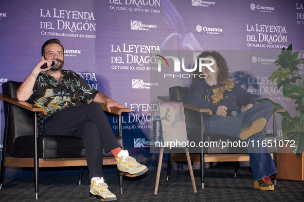 Miguel Burra and Lucero Mijares speak during a press conference to promote the animated film 'La Leyenda del Dragon' at Cinemex Artz Pedrega...