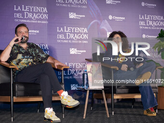 Miguel Burra and Lucero Mijares speak during a press conference to promote the animated film 'La Leyenda del Dragon' at Cinemex Artz Pedrega...