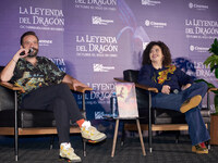 Miguel Burra and Lucero Mijares speak during a press conference to promote the animated film 'La Leyenda del Dragon' at Cinemex Artz Pedrega...