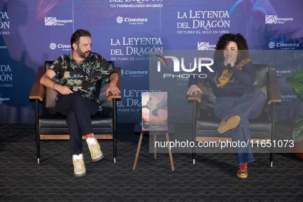 Miguel Burra and Lucero Mijares speak during a press conference to promote the animated film 'La Leyenda del Dragon' at Cinemex Artz Pedrega...