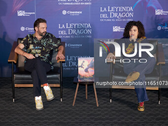 Miguel Burra and Lucero Mijares speak during a press conference to promote the animated film 'La Leyenda del Dragon' at Cinemex Artz Pedrega...