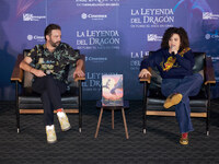 Miguel Burra and Lucero Mijares speak during a press conference to promote the animated film 'La Leyenda del Dragon' at Cinemex Artz Pedrega...