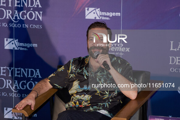 Miguel Burra speaks during a press conference to promote the animation film 'La Leyenda del Dragon' at Cinemex Artz Pedregal in Mexico City,...