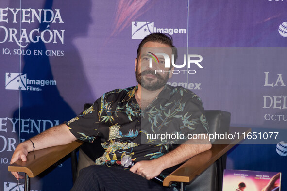 Miguel Burra speaks during a press conference to promote the animation film 'La Leyenda del Dragon' at Cinemex Artz Pedregal in Mexico City,...